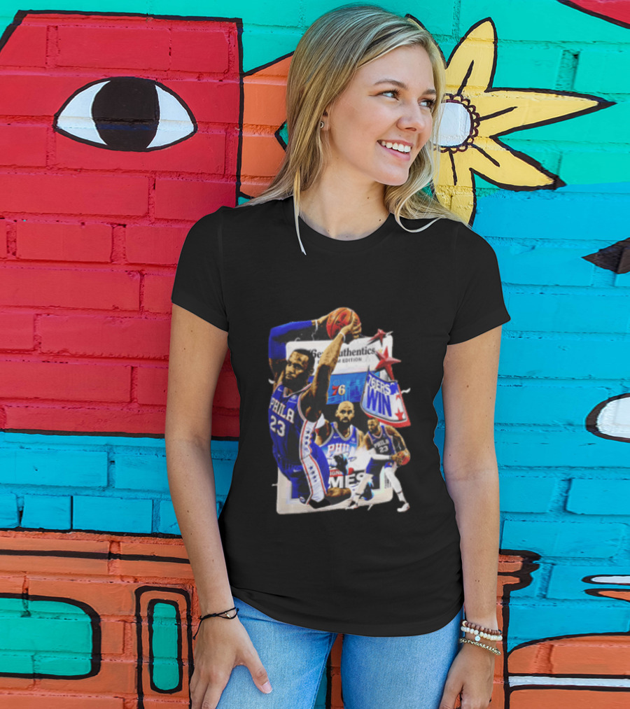 Philadelphia 76ers Lebron James Dunking Collage 76ers Win Edition T-Shirt