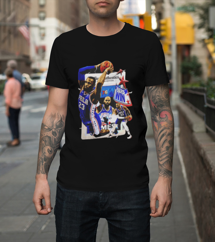 Philadelphia 76ers Lebron James Dunking Collage 76ers Win Edition T-Shirt