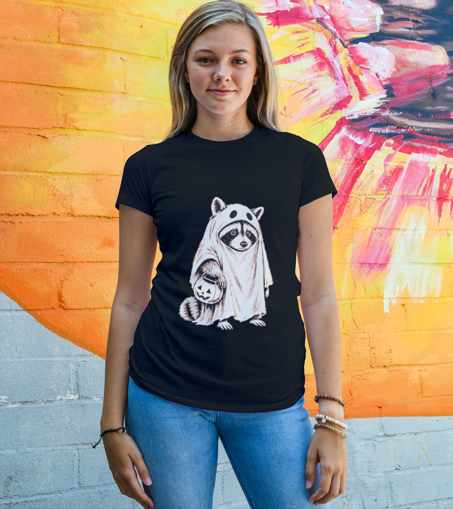 Raccoon Ghost Holding Pumpkin Bucket Halloween 2026 T-Shirt