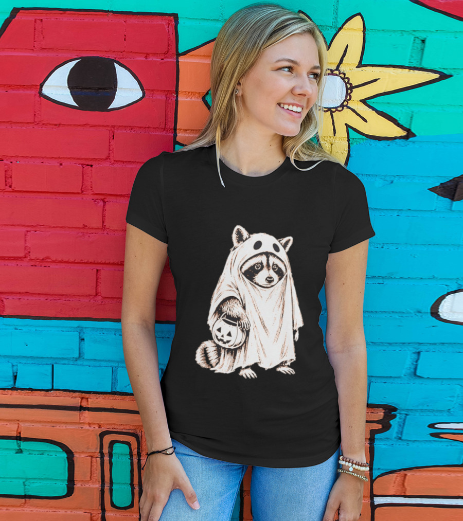 Raccoon Ghost Holding Pumpkin Bucket Halloween 2026 T-Shirt