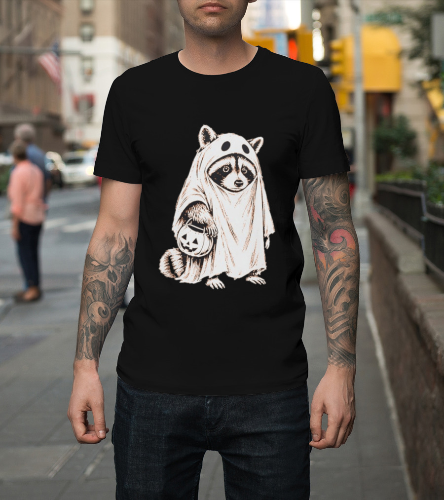 Raccoon Ghost Holding Pumpkin Bucket Halloween 2026 T-Shirt
