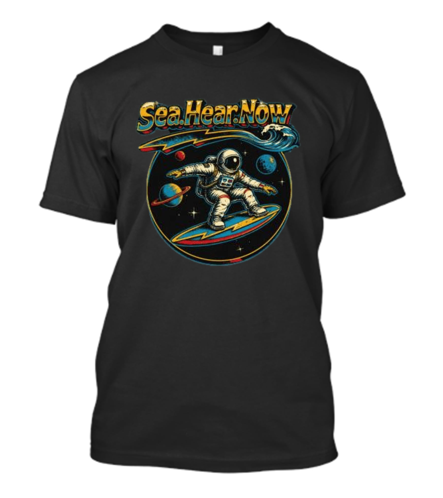 Sea Hear Now Astronaut Surfing Planets Lineup T-Shirt