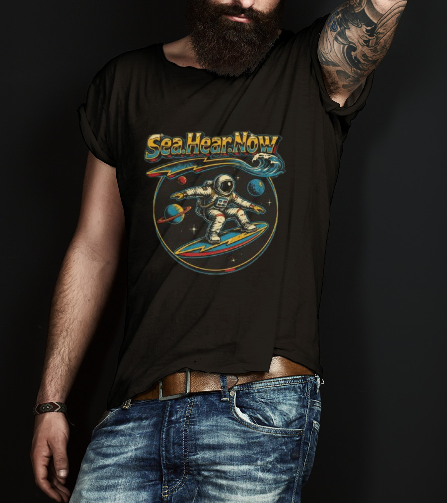 Sea Hear Now Astronaut Surfing Planets Lineup T-Shirt