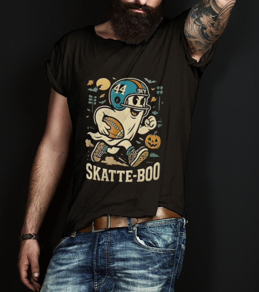 SKATTE BOO Football Helmet 44 Halloween Ghost Pumpkin T-Shirt