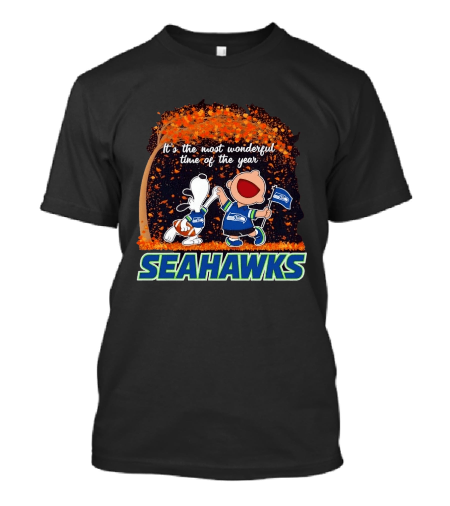 Snoopy And Charlie Brown Dancing Seattle Seahawks The Most Wonderful Time Of The Year T-Shirt