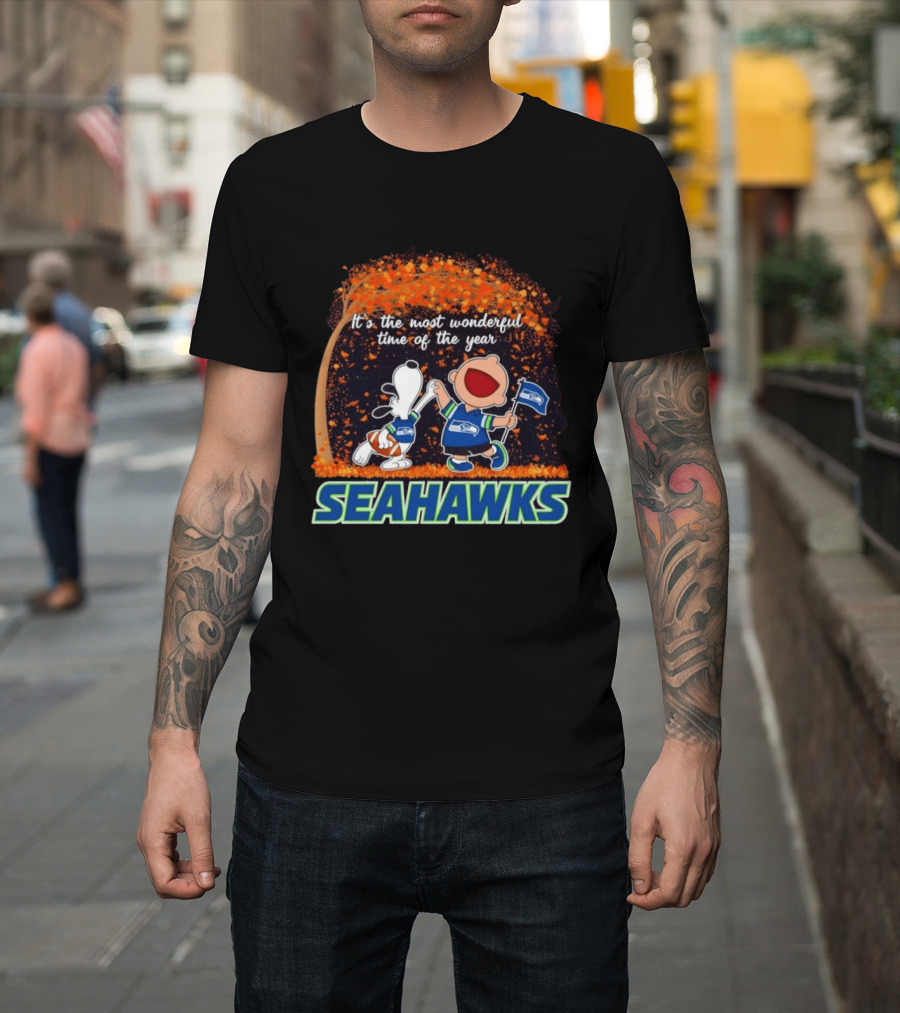 Snoopy And Charlie Brown Dancing Seattle Seahawks The Most Wonderful Time Of The Year T-Shirt