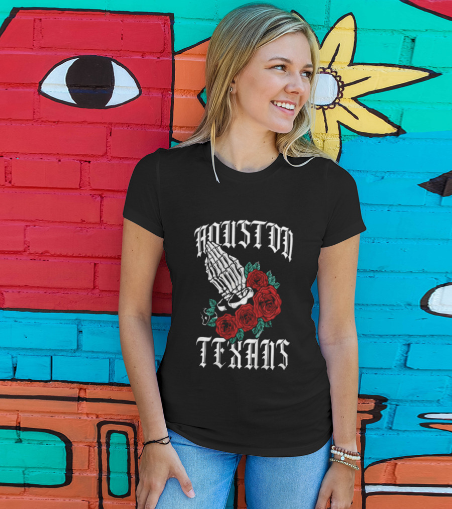 Houston Texans Praying Hands Red Roses Dia De Los Muertos T-Shirt