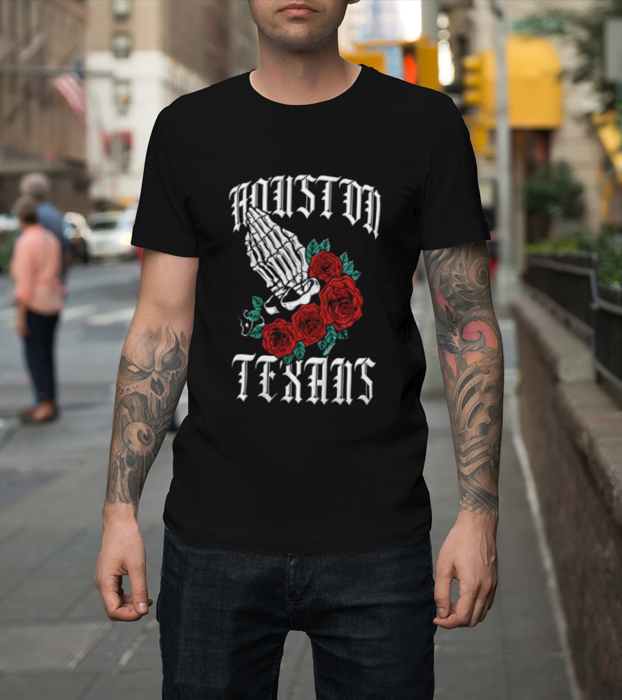 Houston Texans Praying Hands Red Roses Dia De Los Muertos T-Shirt