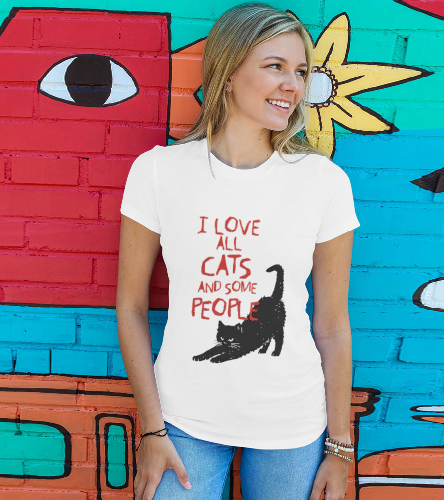 I Love All Cats And Some People Funny Cat Lovers Stretching Black Cat T-Shirt