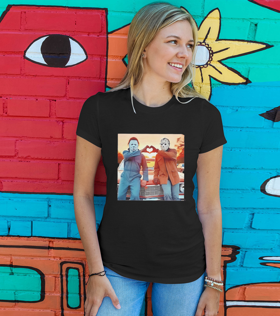 Jason Voorhees Michael Myers Heart Sign Halloween Retro Car Sunset T-Shirt