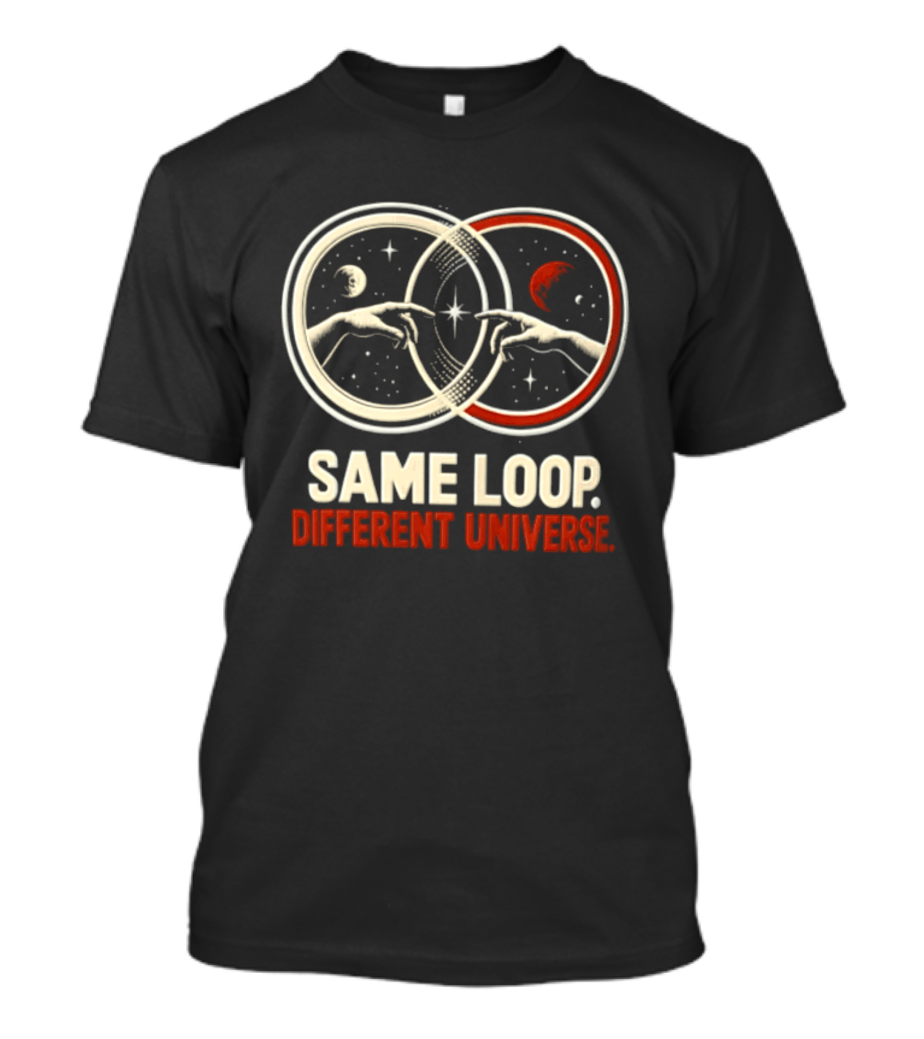 Same Loop Different Universe Intersecting Circles Two Hands Touching Lunar And Starry Night T-Shirt
