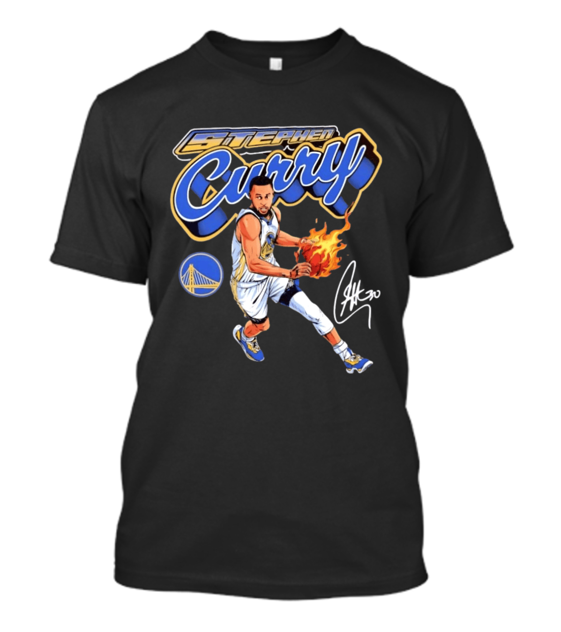 Stephen Curry Golden State Warriors Basketball Player With Flame Ball And Signature T-Shirt