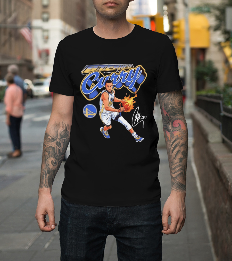 Stephen Curry Golden State Warriors Basketball Player With Flame Ball And Signature T-Shirt