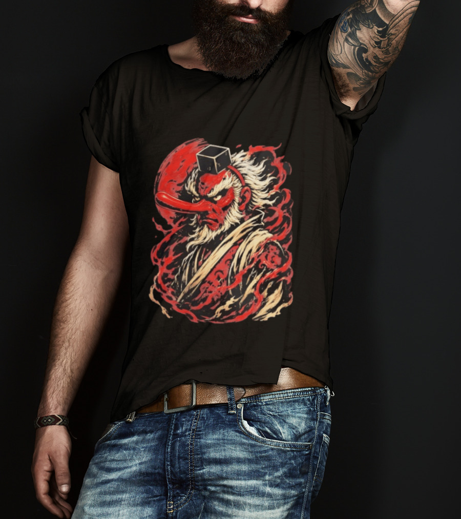 Tengu Japanese Warrior Spirit Mask Mythical Yokai Flame Aura T-Shirt