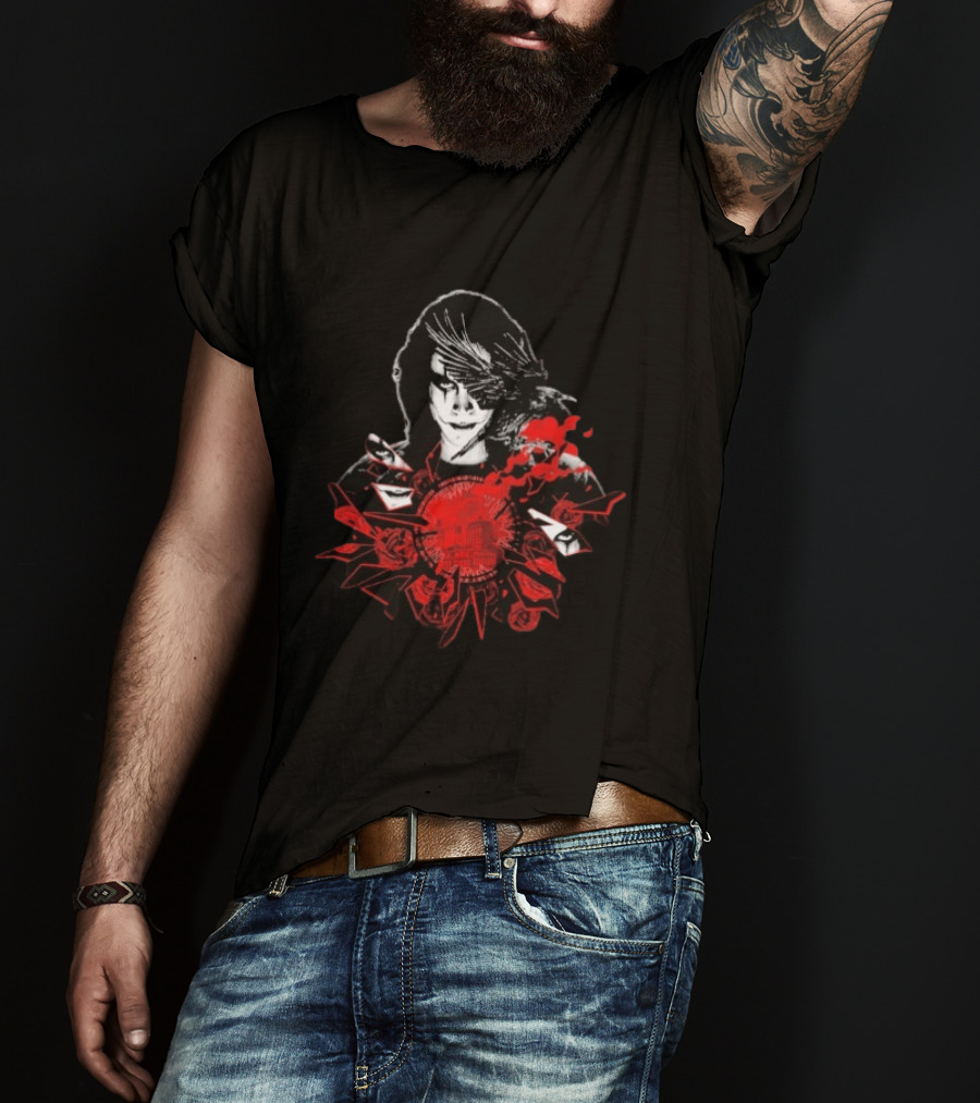 The Crow Shattered Love Red Roses And City Skyline T-Shirt