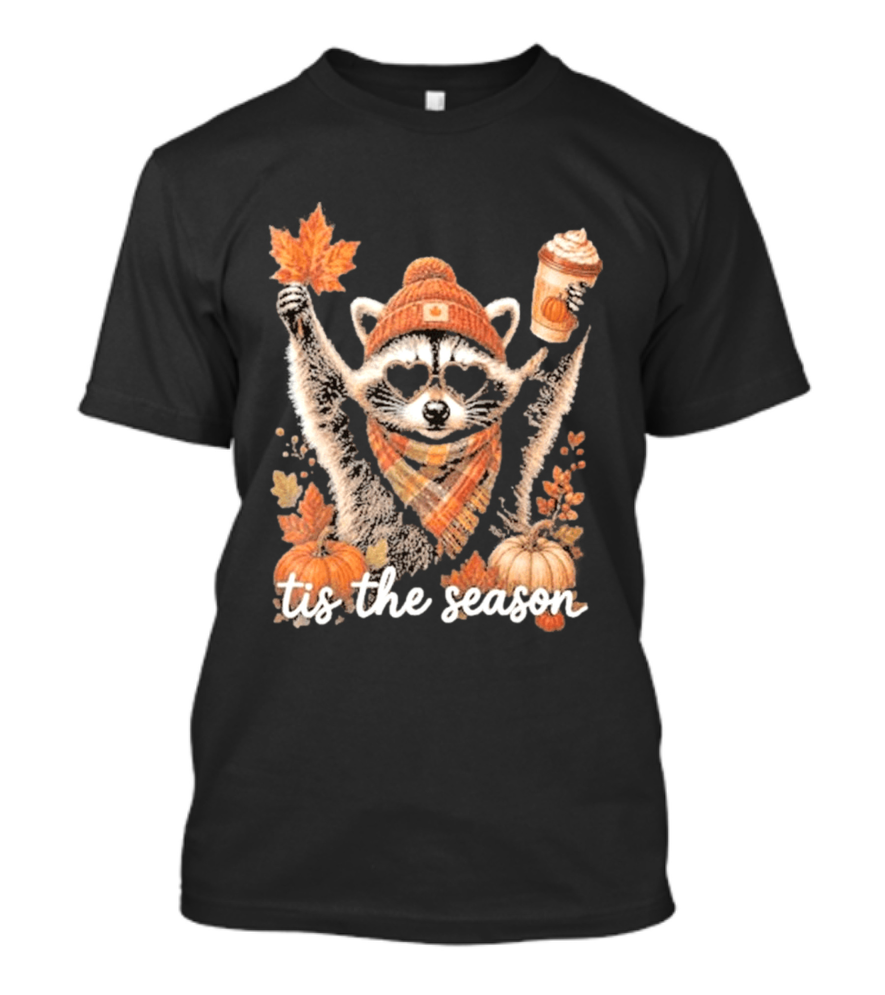 Tis The Season Raccoon With Fall Pumpkin Coffee And Autumn Leaves T-Shirt