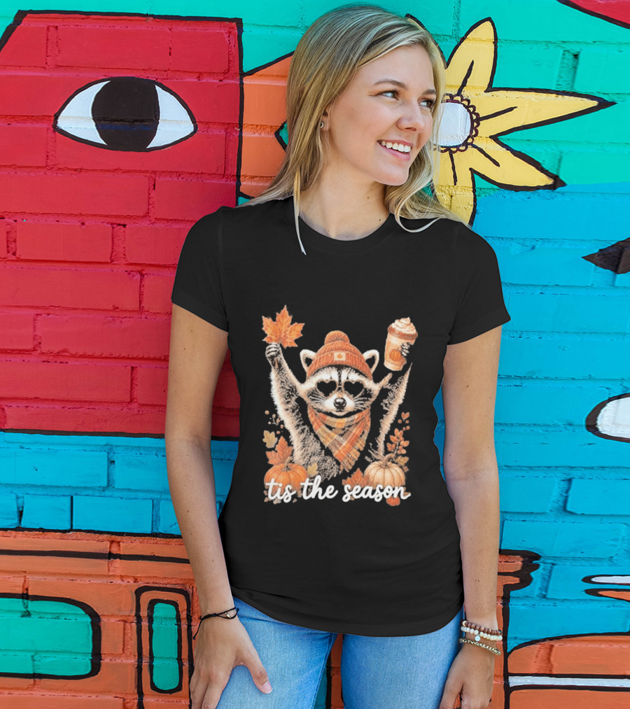 Tis The Season Raccoon With Fall Pumpkin Coffee And Autumn Leaves T-Shirt