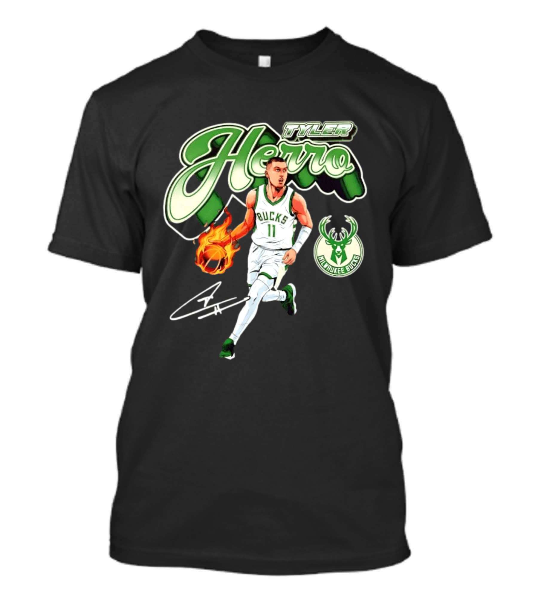 Tyler Herro Milwaukee Bucks Basketball Fireball Cursive Script T-Shirt