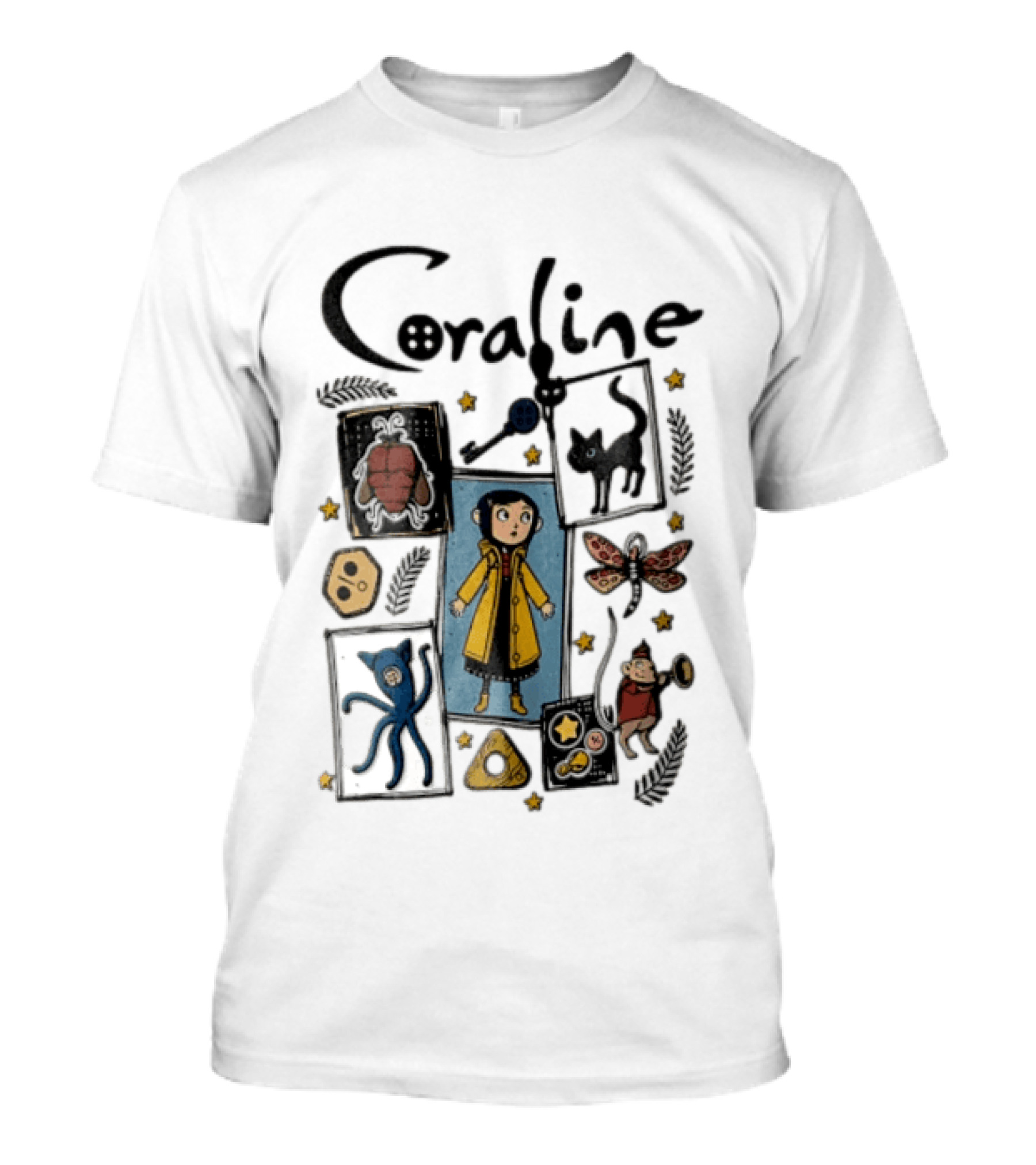 Coraline In Yellow Raincoat With Black Cat And Stars With Button Eyes T-Shirt