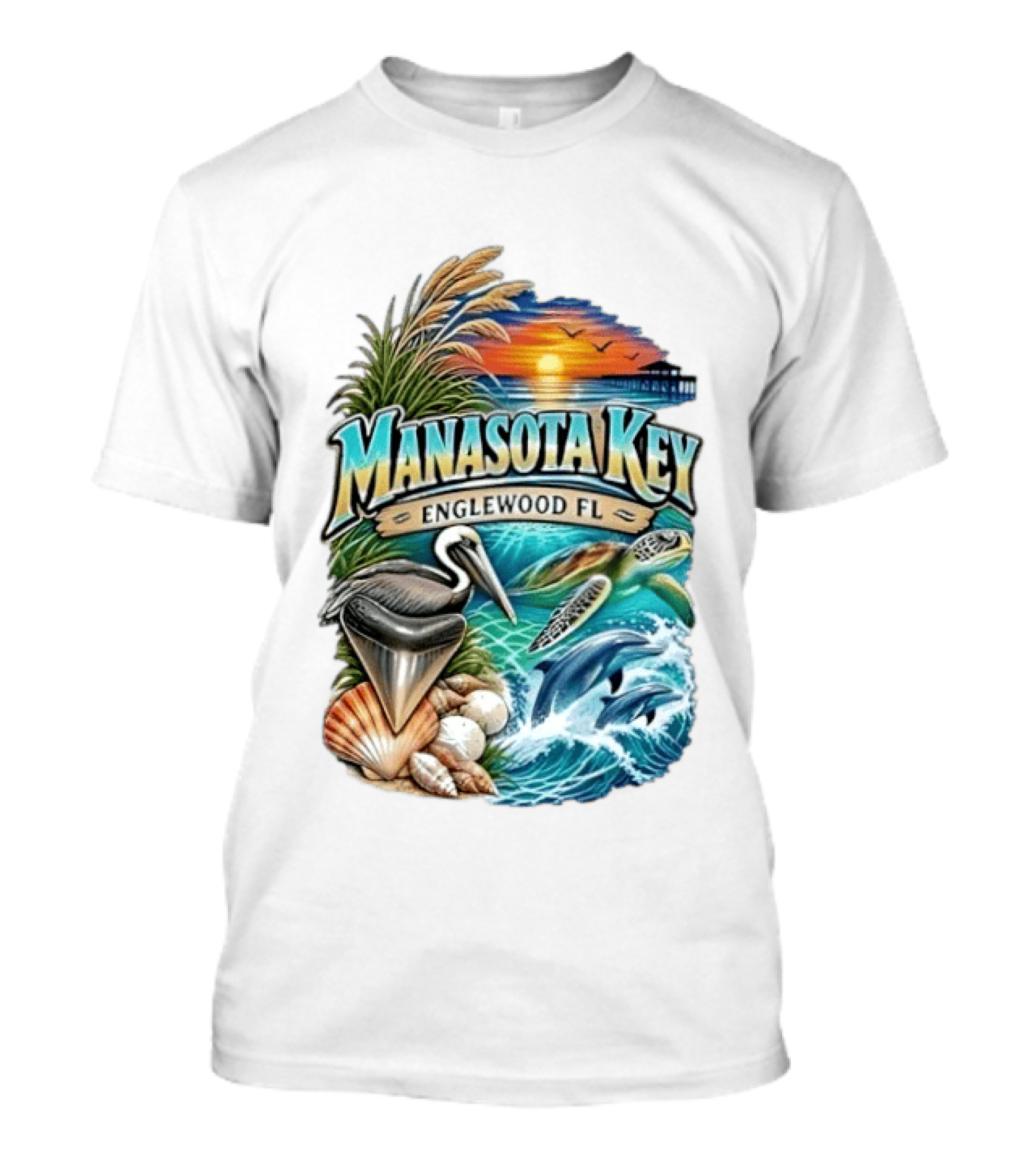 Manasota Key Englewood FL Beach Scene With Pelican Dolphins Shells And Sunset T-Shirt