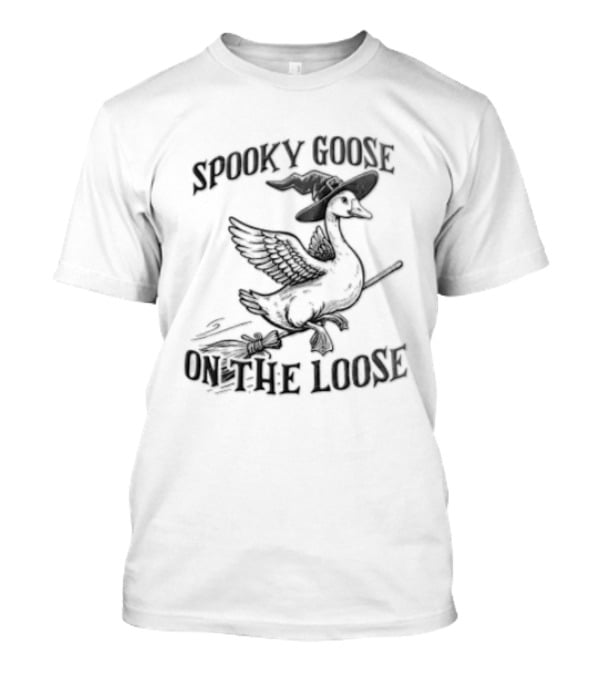 Spooky Goose On The Loose Halloween Witch Hat Broomstick T-Shirt