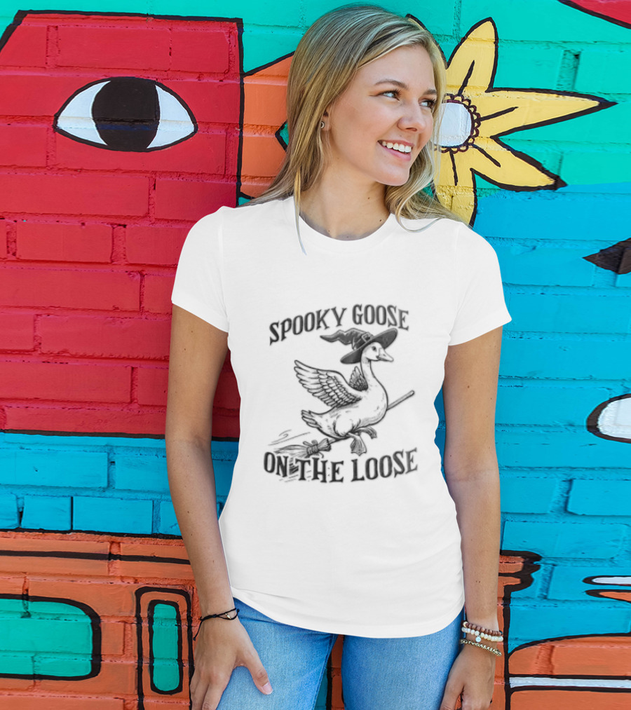 Spooky Goose On The Loose Halloween Witch Hat Broomstick T-Shirt