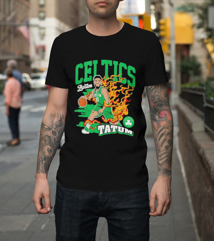 Boston Celtics Jayson Tatum Fired Up Basketball Flames T-Shirt