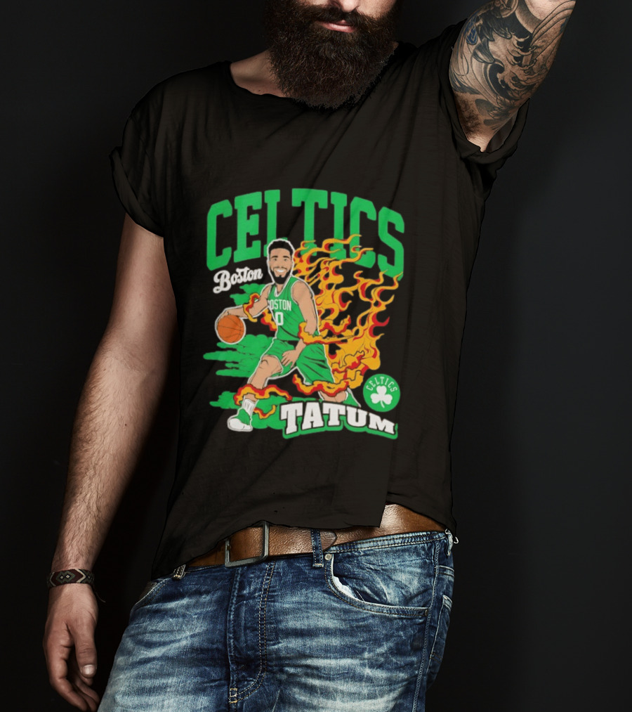 Boston Celtics Jayson Tatum Fired Up Basketball Flames T-Shirt