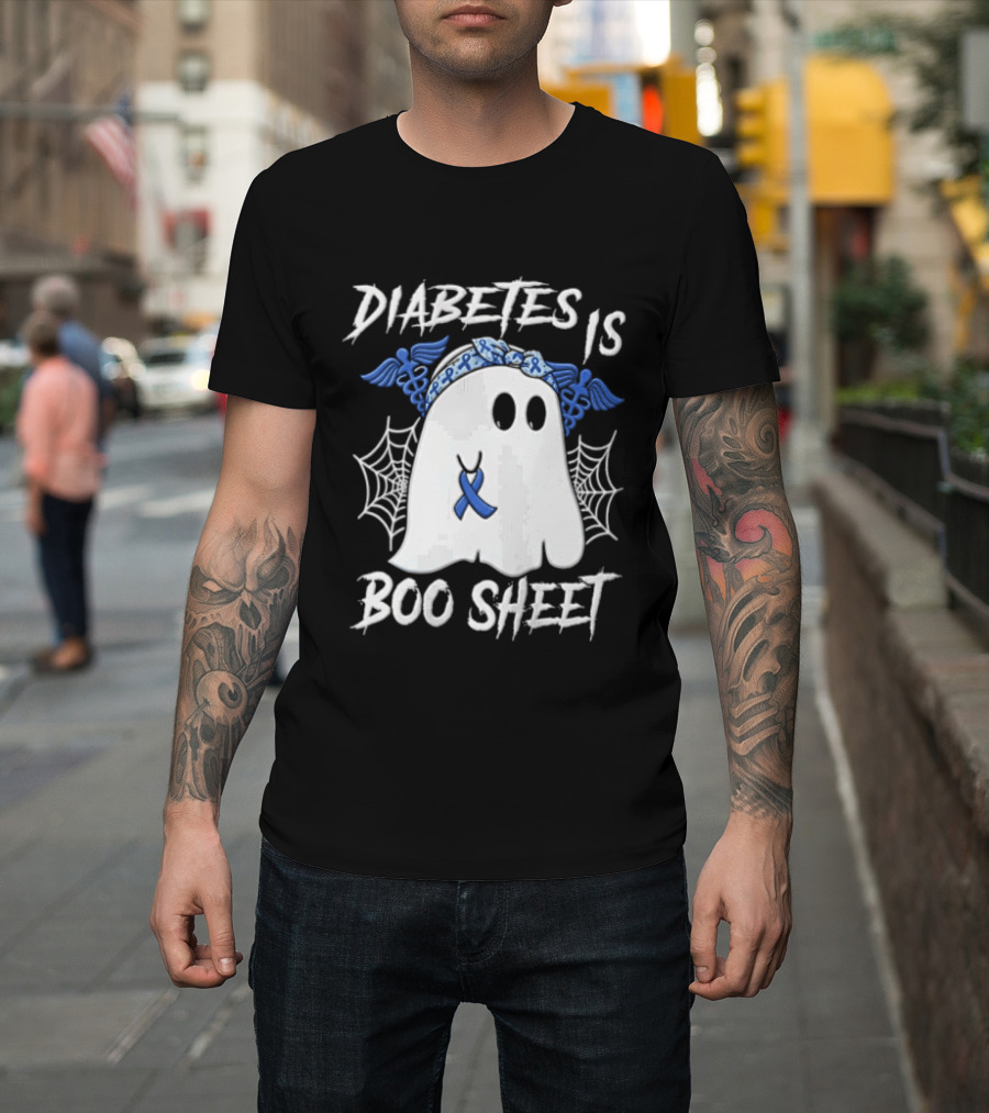Diabetes IS BOO Sheet Ghost With Blue Ribbon Headband Halloween T-Shirt