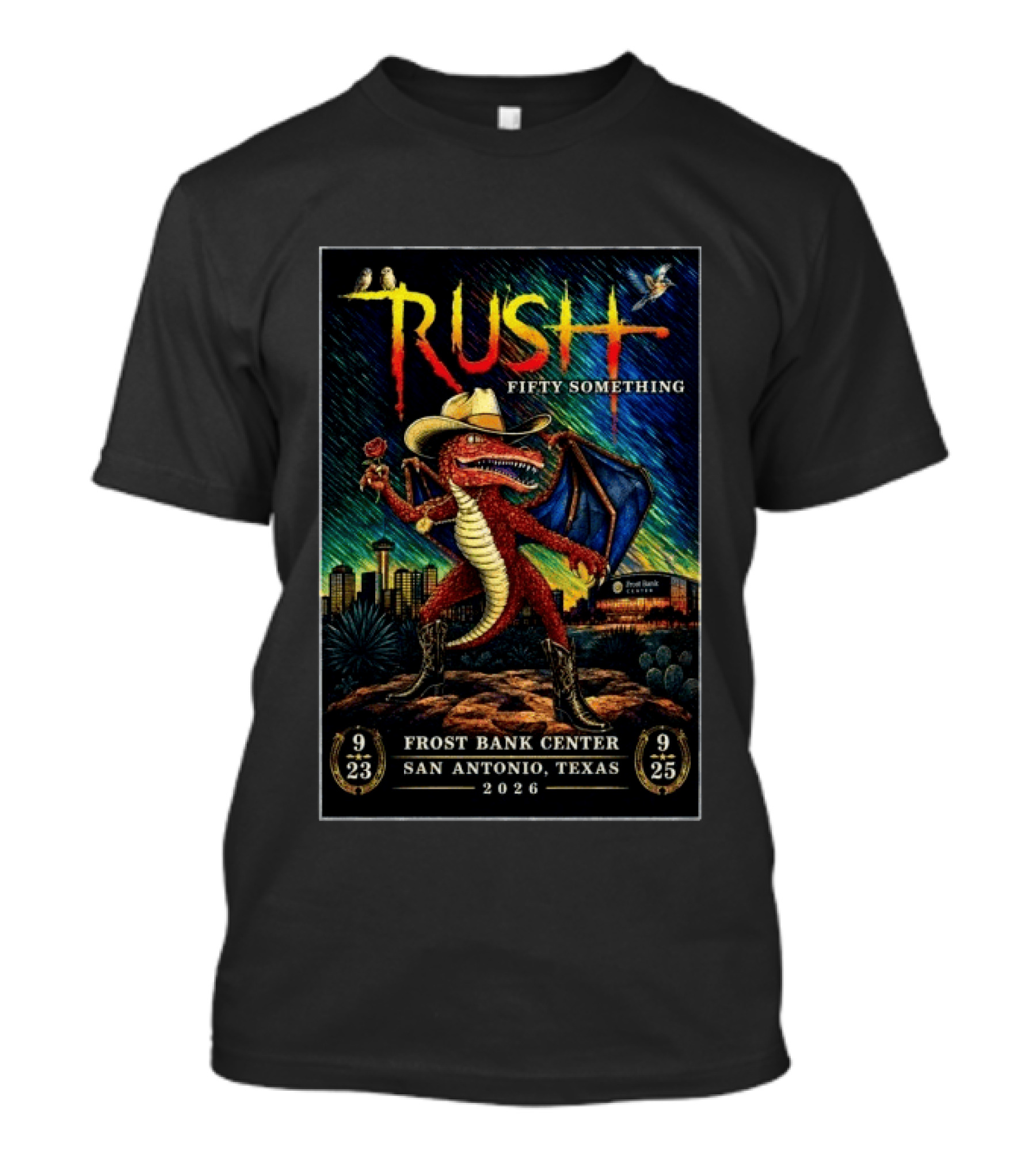 Rush Fifty Something Tour 2026 San Antonio Frost Bank Center Dragon T-Shirt