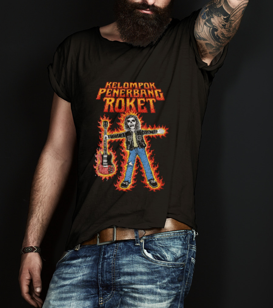 Kelompok Penerbang Roket Skeleton Guitarist In Flames Keegan Records T-Shirt