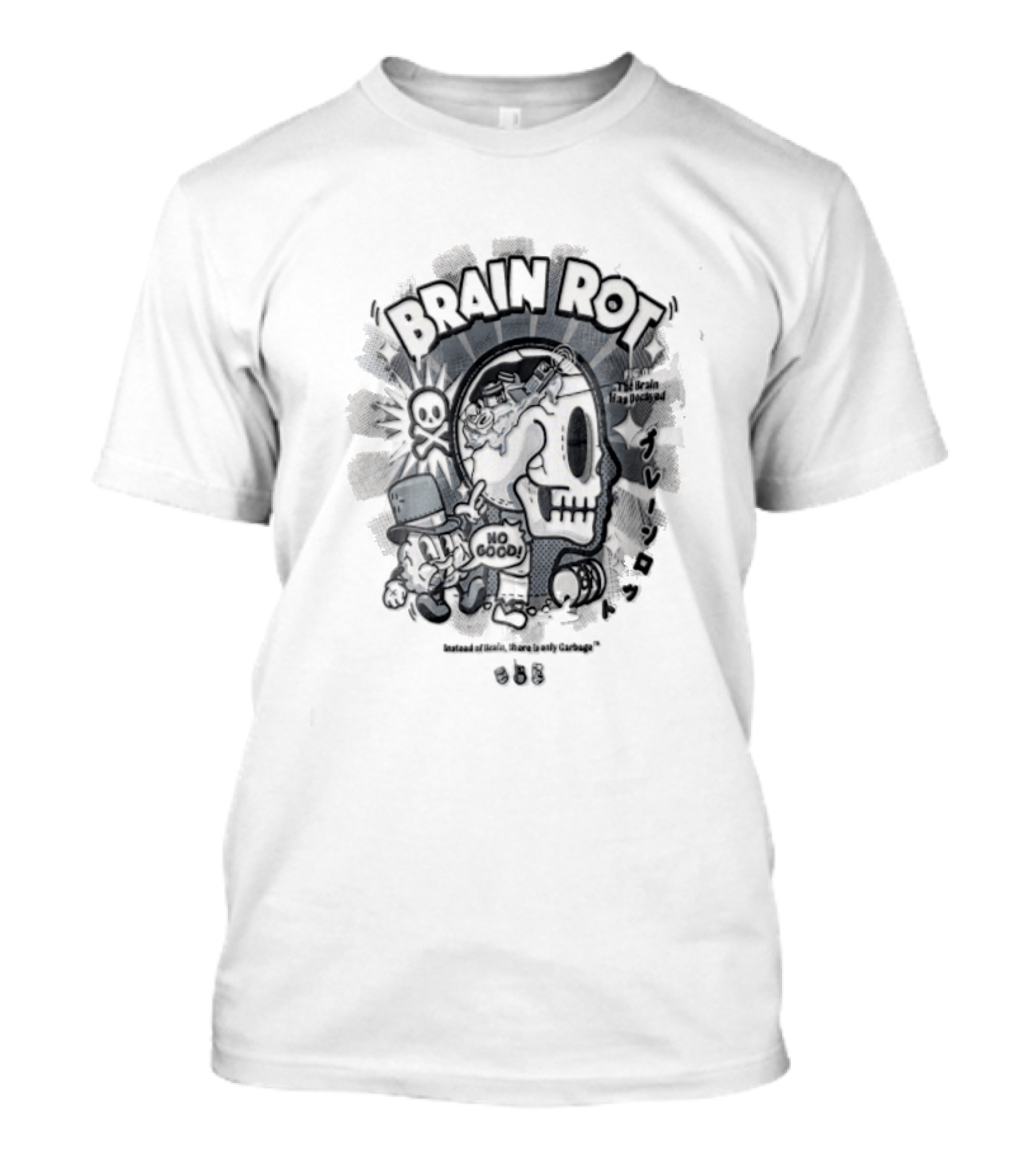 BRAIN ROT Skull Top Hat No Good Text Vintage Cartoon T-Shirt