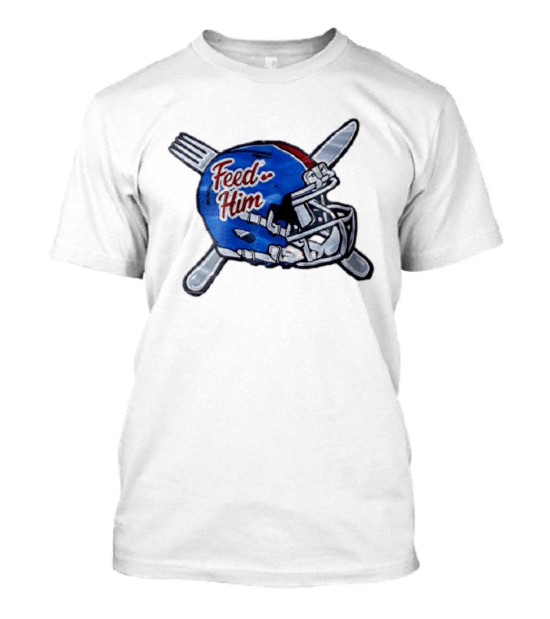 Feed Him Blue Football Helmet Crossed Utensils Fork Knife T-Shirt