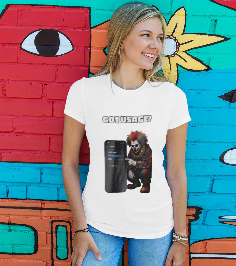 GOT Usage Clown Pointing At Smartphone Screen Weekly Usage 71% T-Shirt