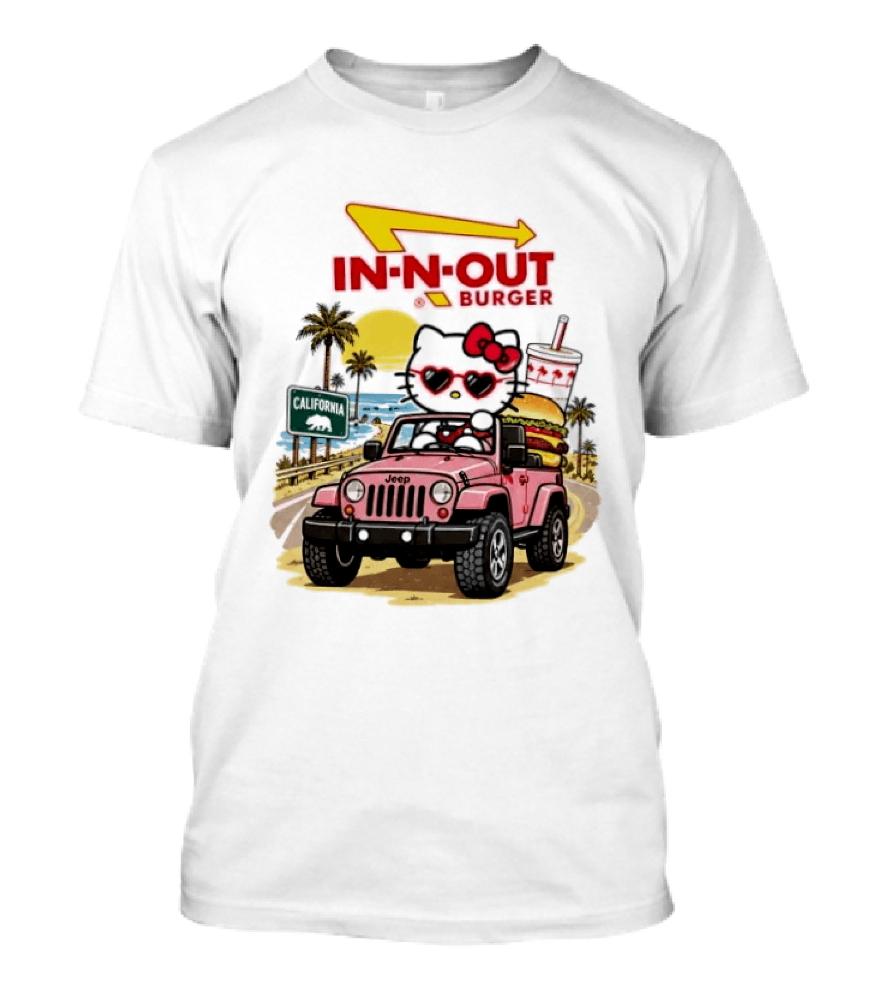 Hello Kitty In Pink Jeep With In N Out Burger California Adventure T-Shirt