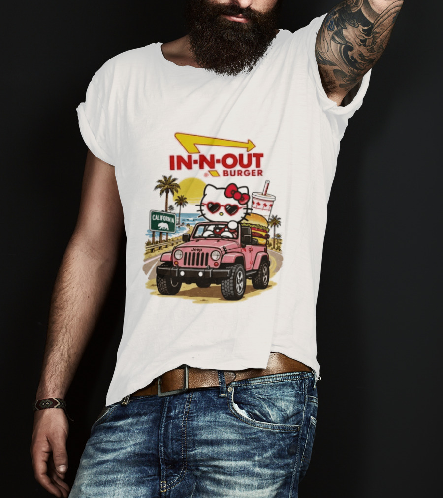 Hello Kitty In Pink Jeep With In N Out Burger California Adventure T-Shirt