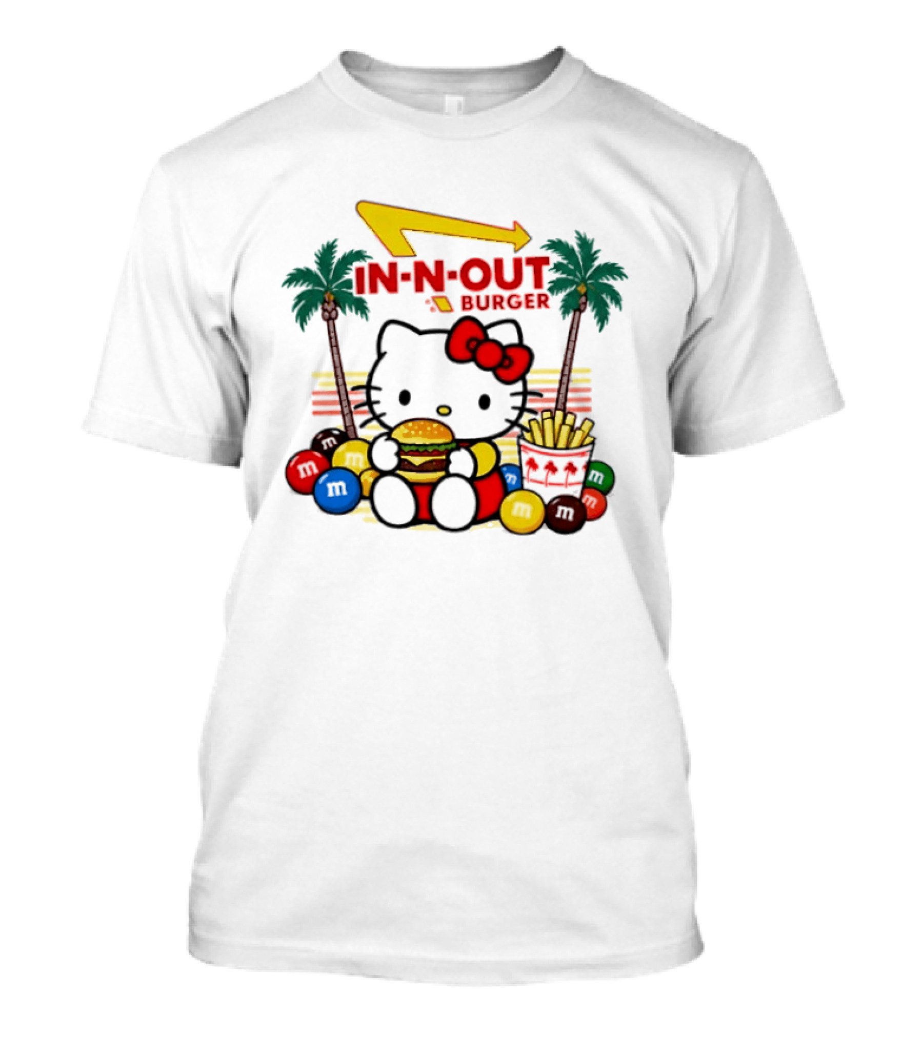 Hello Kitty Enjoying In N Out Burger Surrounded By M&Ms And Fries T-Shirt