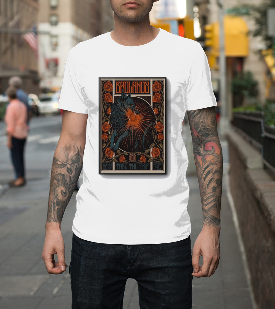 BADLANDS Festival Aug 20 22 2027 Take The Trip Stokterweg 14 Lottum Netherlands Retro Wolf And Roses T-Shirt
