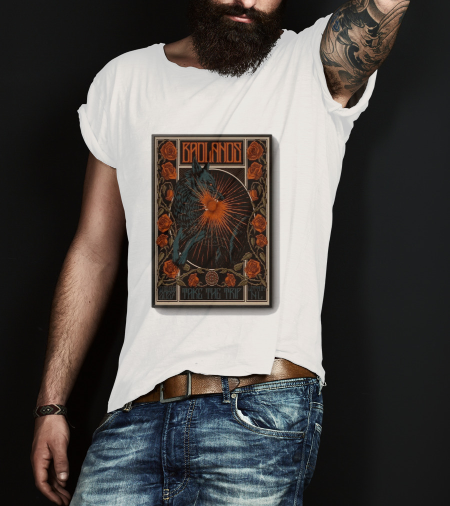 BADLANDS Festival Aug 20 22 2027 Take The Trip Stokterweg 14 Lottum Netherlands Retro Wolf And Roses T-Shirt