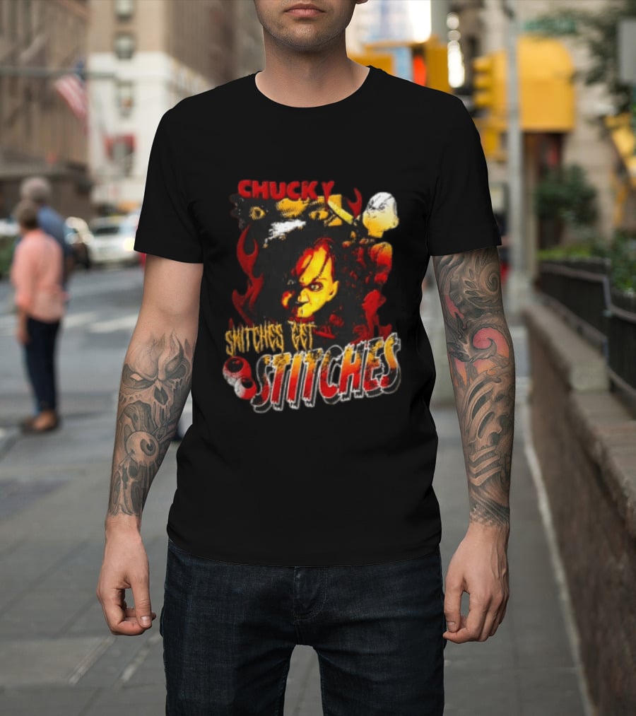 Chucky Snitches Get Stitches Horror Doll With Knife And Eyeballs T-Shirt