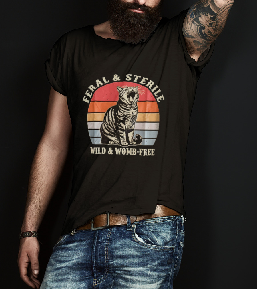 Feral And Sterile Yawning Tabby Cat Wild And Womb Free Sunset Stripes T-Shirt
