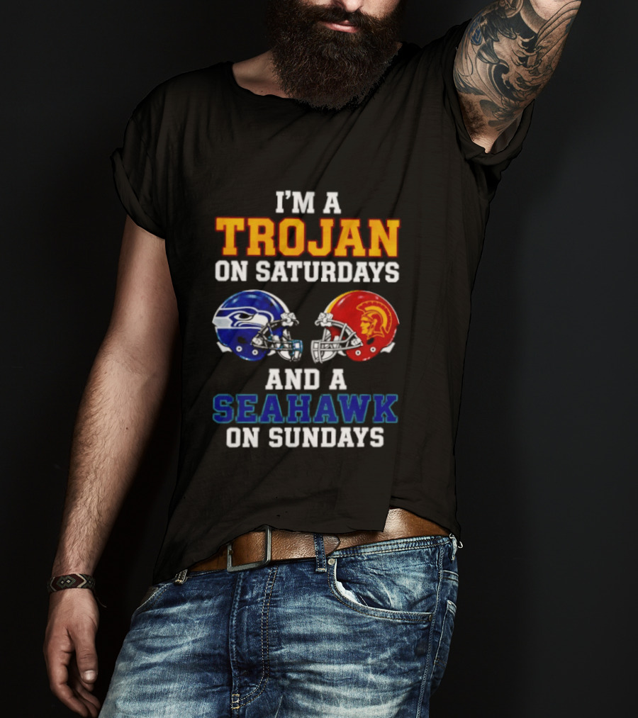 I'm A Trojan On Saturdays And A Seahawk On Sundays Football Helmets T-Shirt