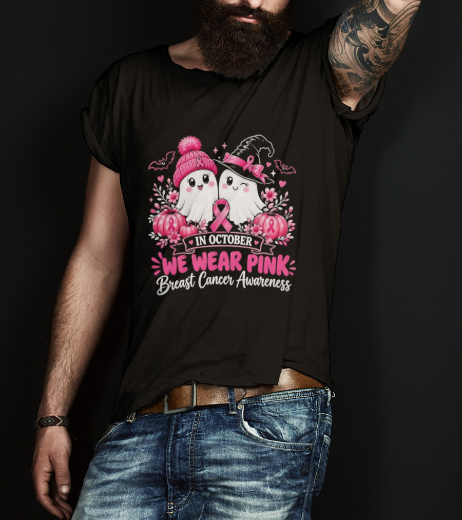 In October We Wear Pink Breast Cancer Awareness Ghost Pumpkin Witch T-Shirt
