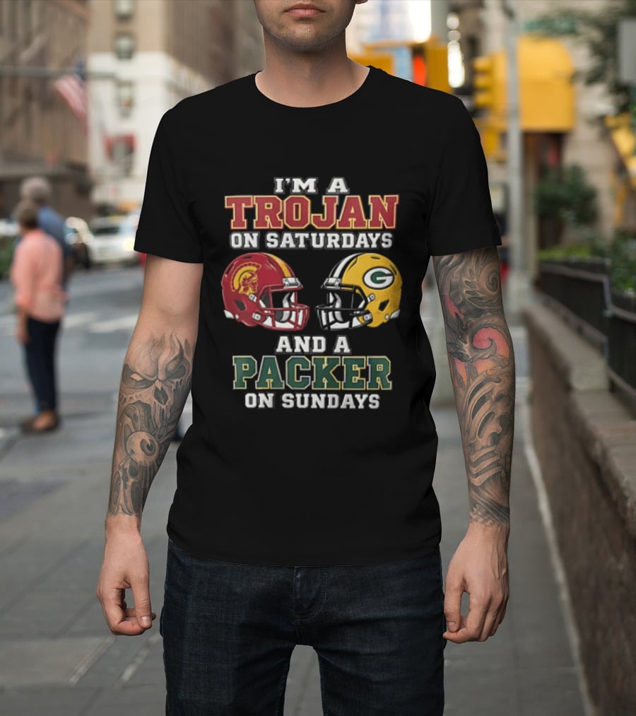 I'm A Trojan On Saturdays Packer On Sundays Football Helmets T-Shirt