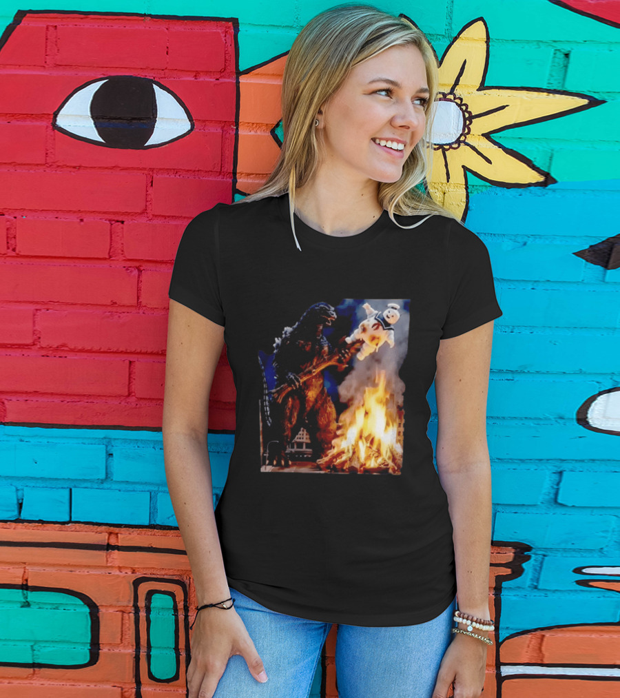 Kaiju Campfire Godzilla Holding Stay Puft Marshmallow Man T-Shirt