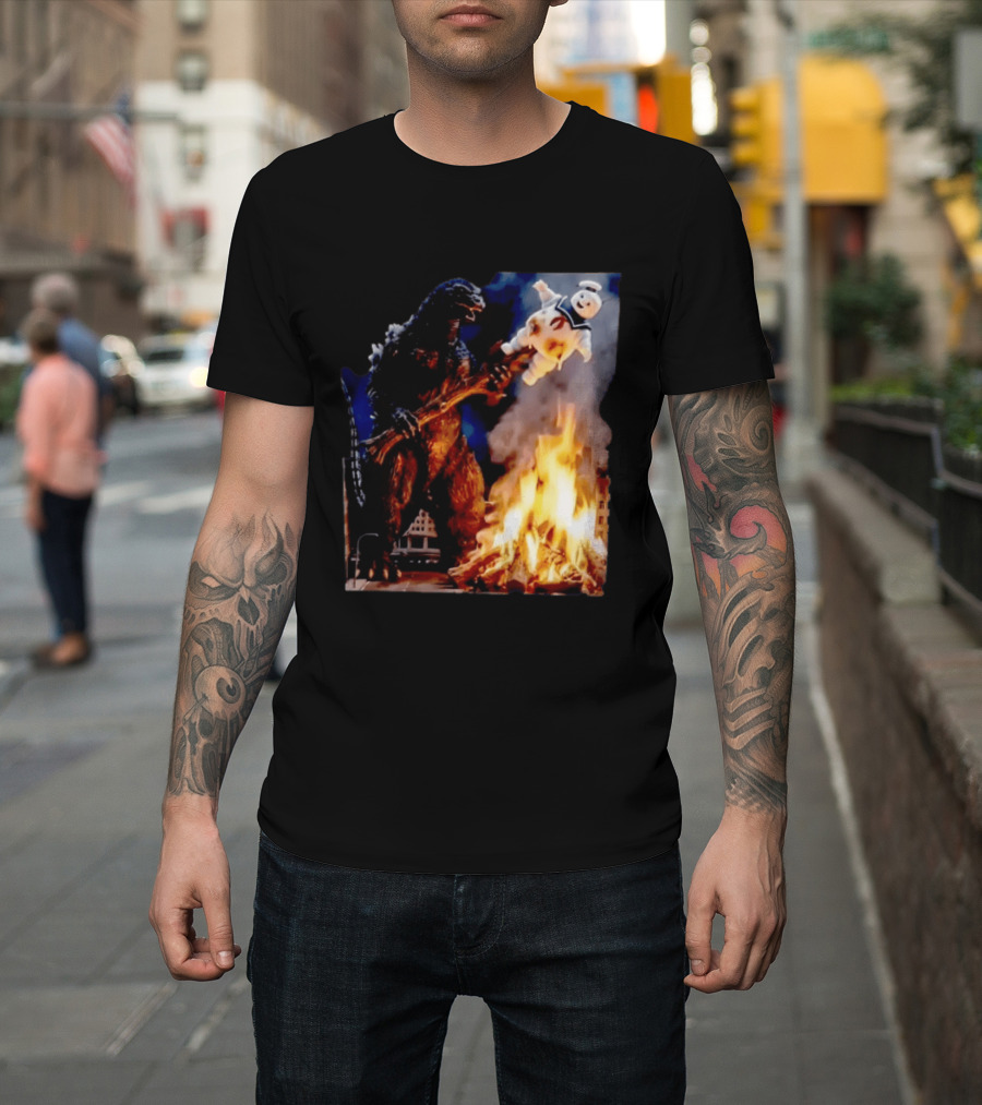 Kaiju Campfire Godzilla Holding Stay Puft Marshmallow Man T-Shirt