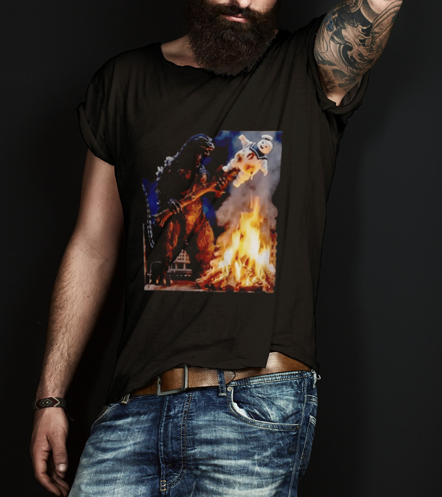 Kaiju Campfire Godzilla Holding Stay Puft Marshmallow Man T-Shirt