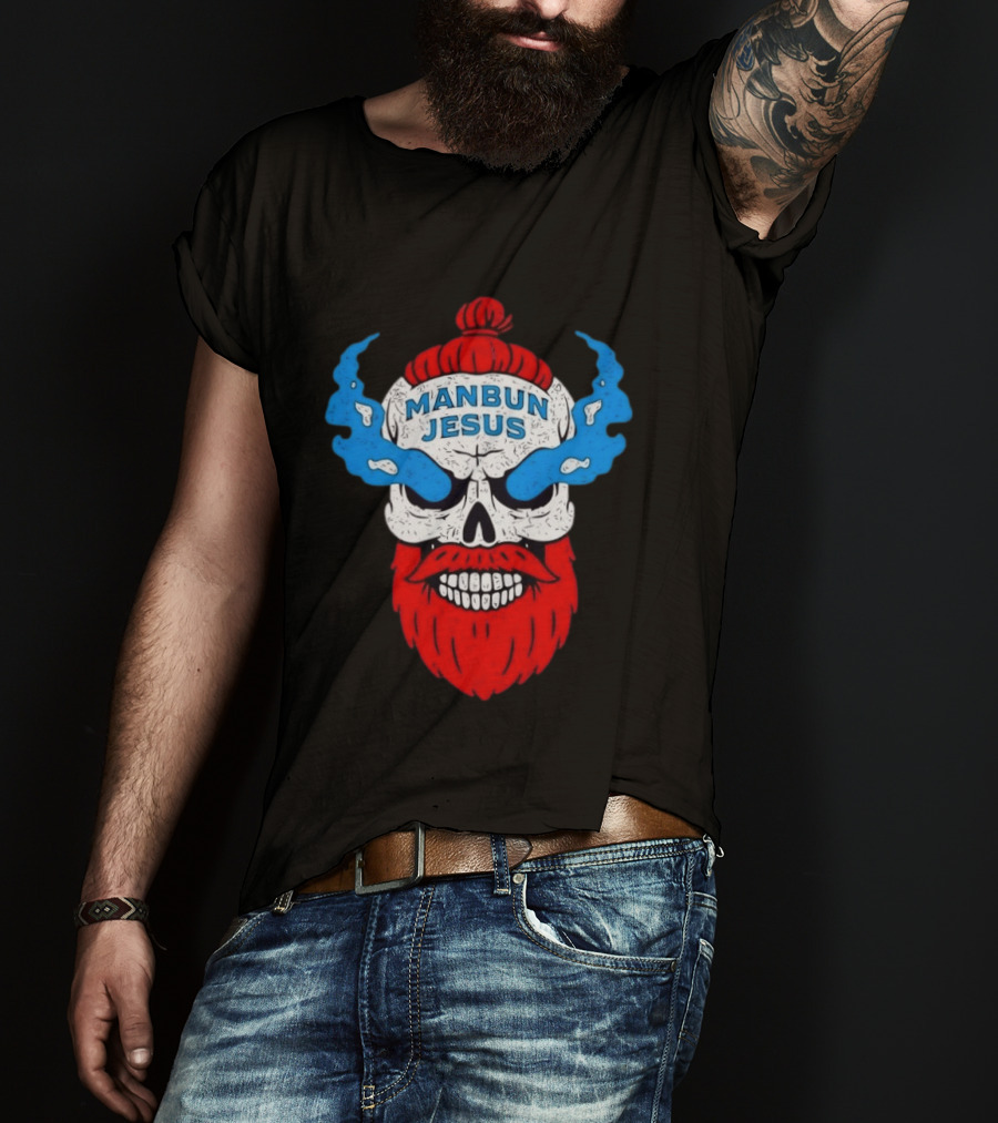 Manbun Jesus Skull Blue Flames Red Beard T-Shirt