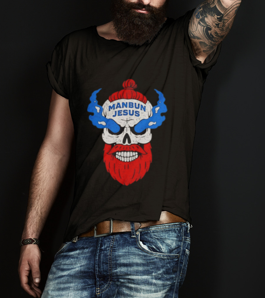 Manbun Jesus Skull Flame Beard Retro Stone Man Cold Bun T-Shirt