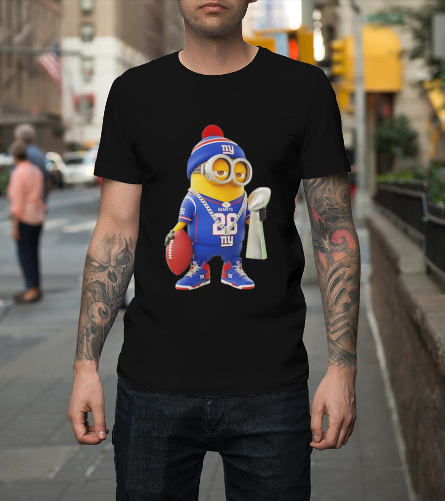 Minion In New York Giants Jersey With Football Trophy And Beanie T-Shirt